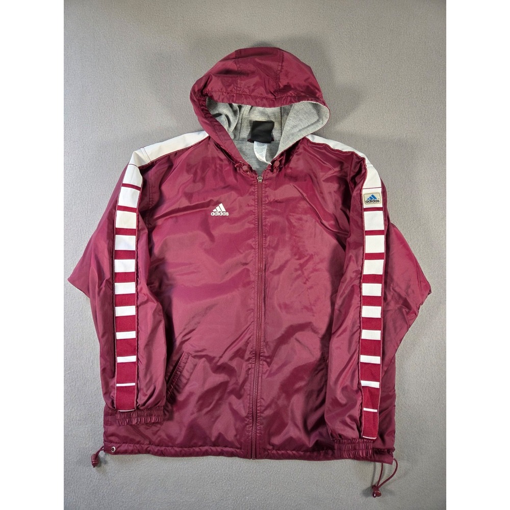 Vintage Adidas Jacket Mens Large Maroon Hooded Full Zip Striped Team Lined 90s